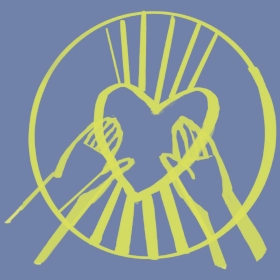 Aus dem Logo von Luise von Kummer ausgeschnitten nur die zwei Hände und das strahlende Herz im Kreis, hellgrün auf lavendelfarbenem Hintergrund.