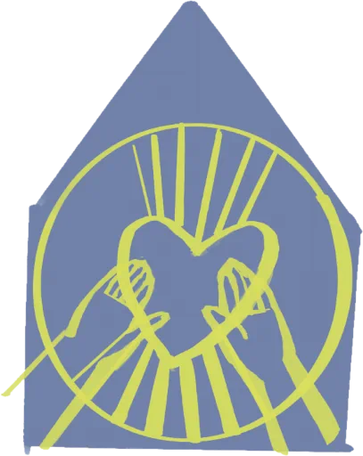 Das Logo von Luise von Kummer ist eine Zeichnung von einem Haus in hellgrün auf einem lavendelfarbenen Hintergrund. In der Mitte ist ein Herz, zu dem sich Hände ausstrecken.